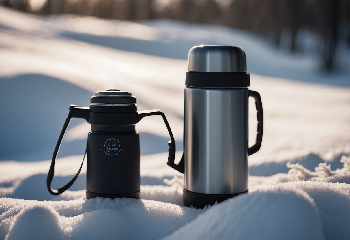 A thermos sits on a snowy ledge, steam rising from the spout. Snowshoes rest nearby, surrounded by a wintry landscape