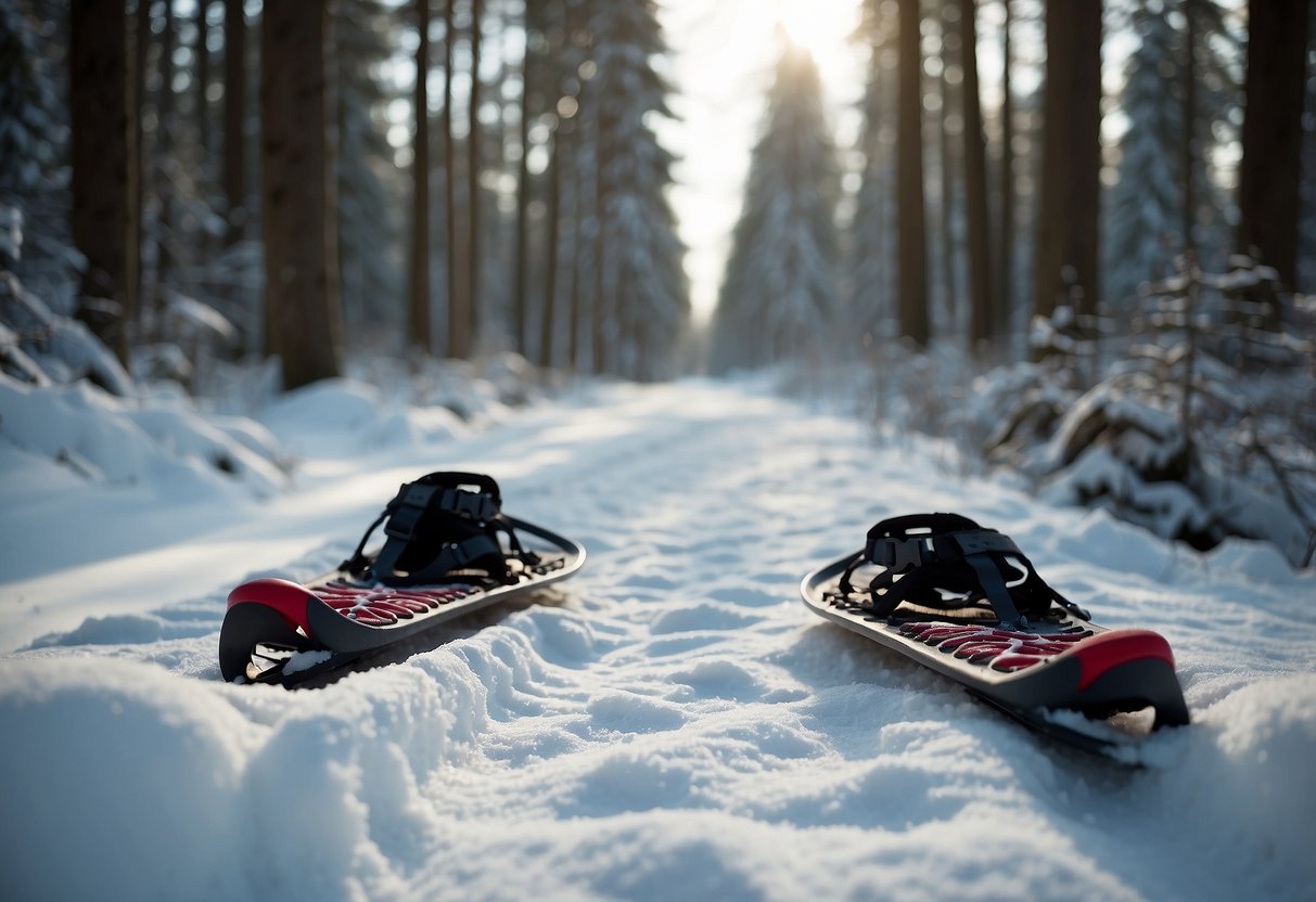 Snowshoes on snowy trail, surrounded by tall trees. Windproof gloves on ground next to tracks. Snow-covered landscape