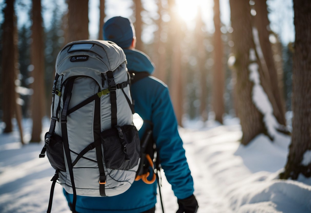 Snowshoes and backpack on snowy trail, with solar chargers attached to backpack. Snow-covered trees in background