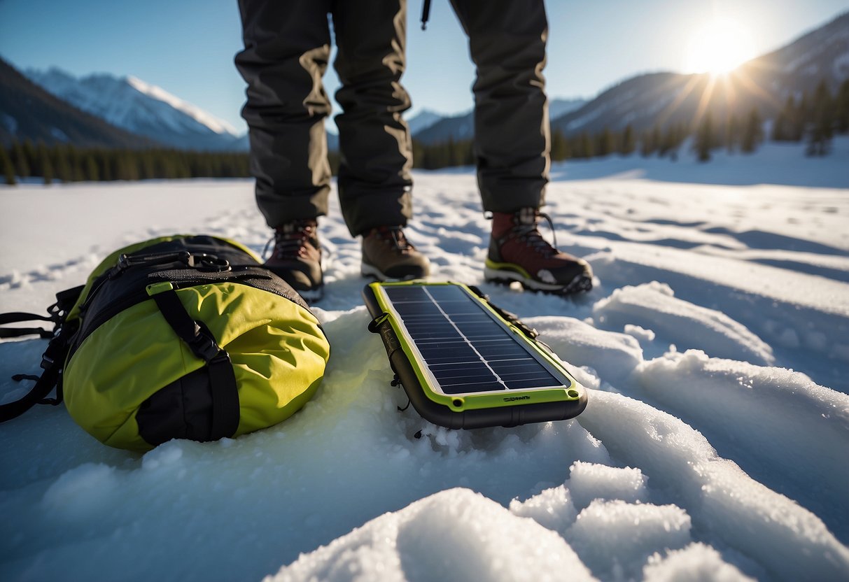 A snowshoer sets up the Goal Zero Nomad 10 solar charger on a snowy trail, with mountains in the background. Snowshoes and backpack are nearby