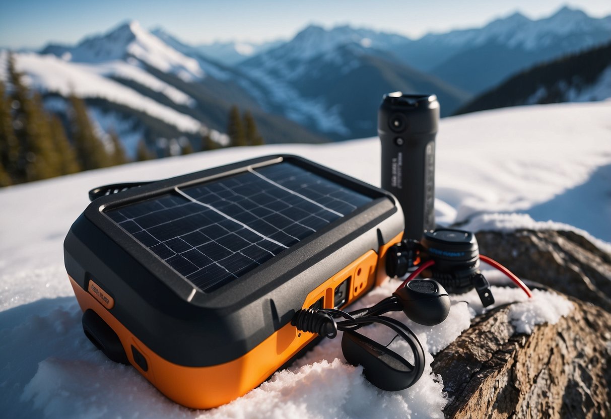 The solar charger, BigBlue 3 USB Ports 28W, is surrounded by snowshoes and other outdoor gear, set against a snowy mountain backdrop