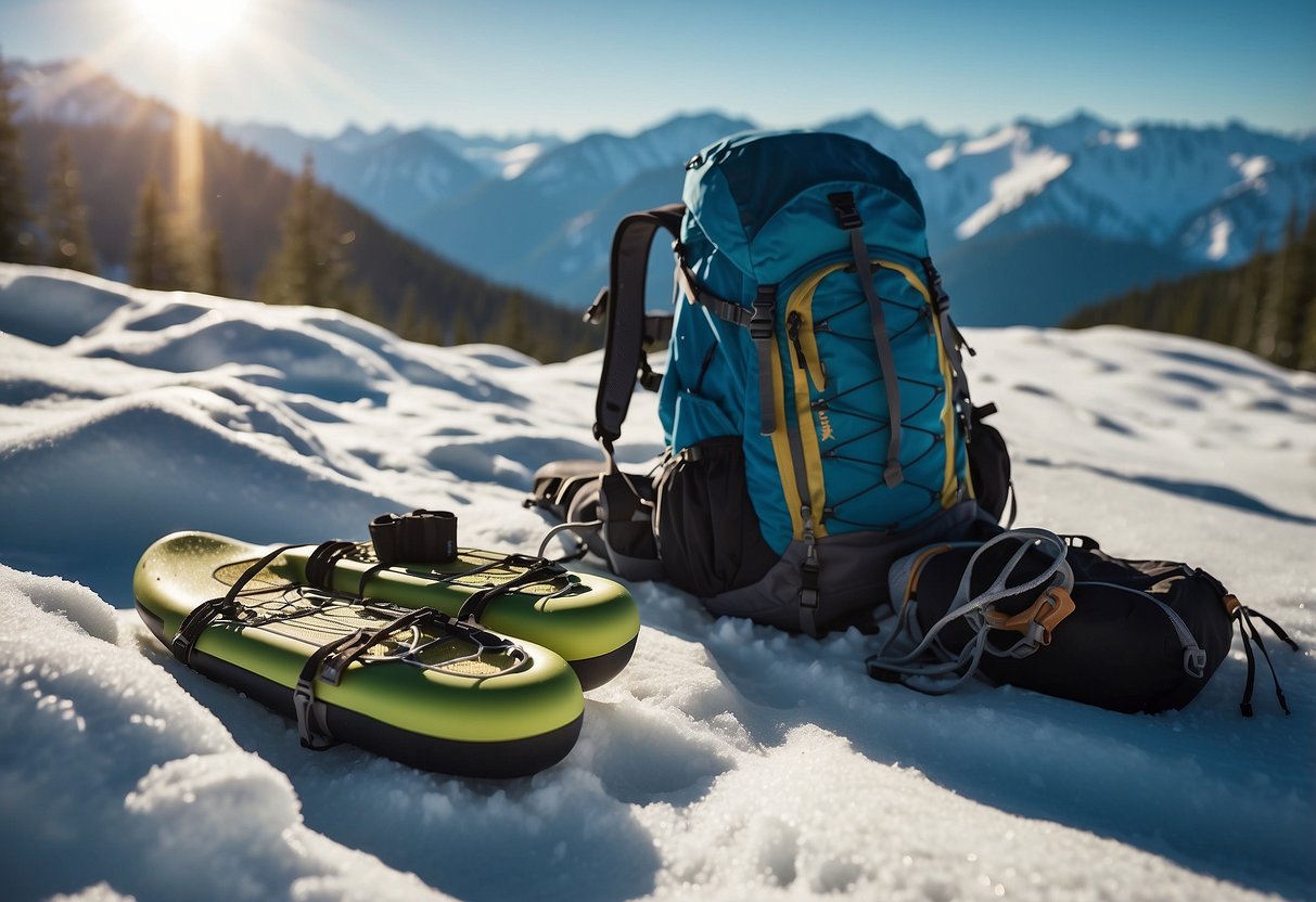 A snowy mountain landscape with a pair of snowshoes leaning against a backpack, next to an Anker PowerPort Solar Lite charger soaking up the sun's rays