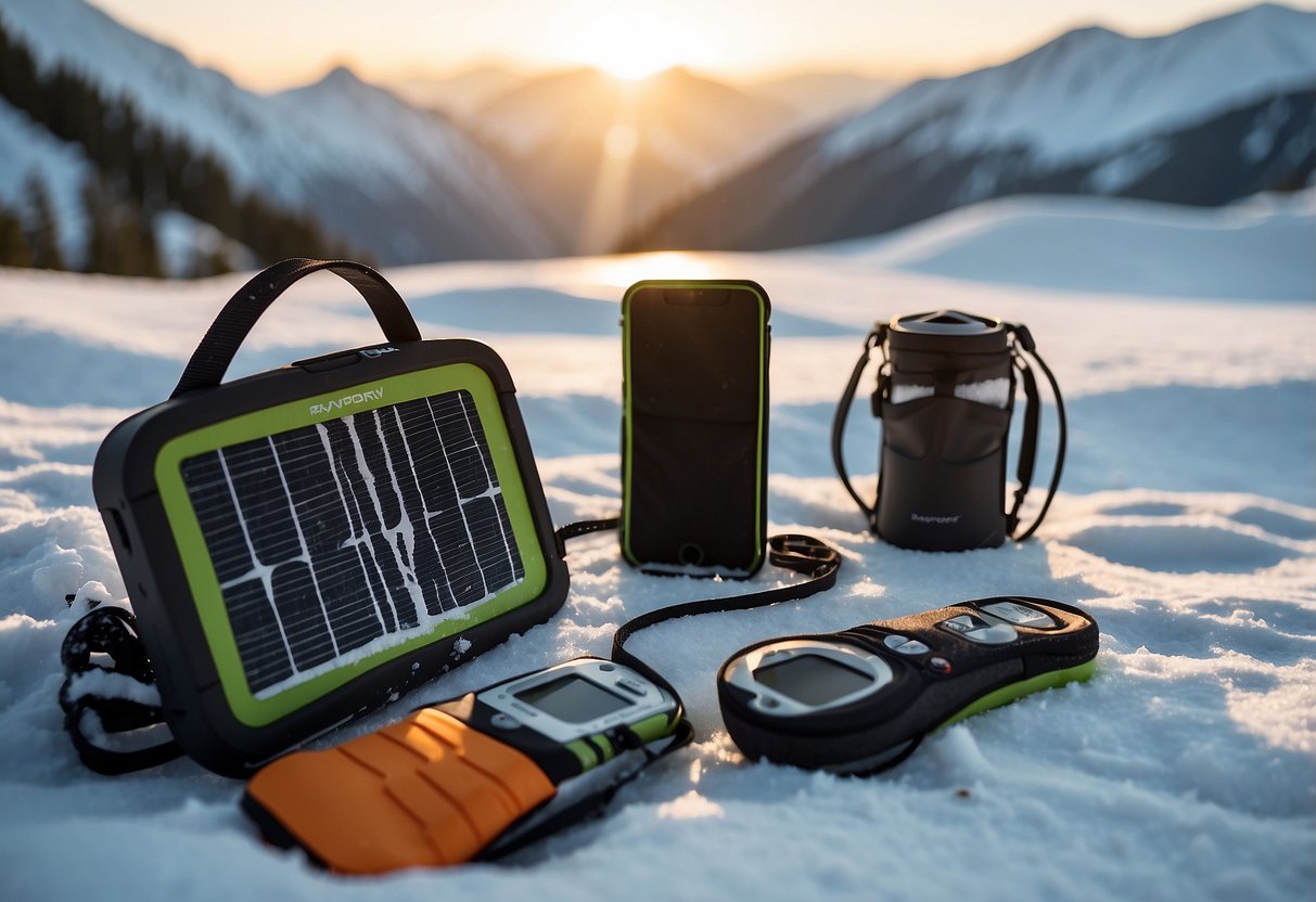 A snowy mountain landscape with a RAVPower 24W Solar Charger set up on a flat surface, surrounded by snowshoes and other winter gear