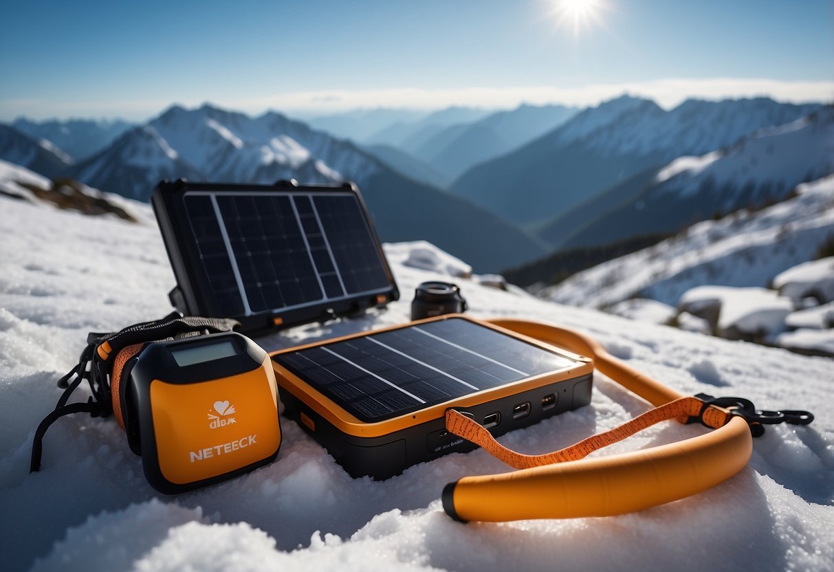 A snowy mountain landscape with a Nekteck 21W Solar Charger set up on a flat surface, surrounded by snowshoes and other outdoor gear