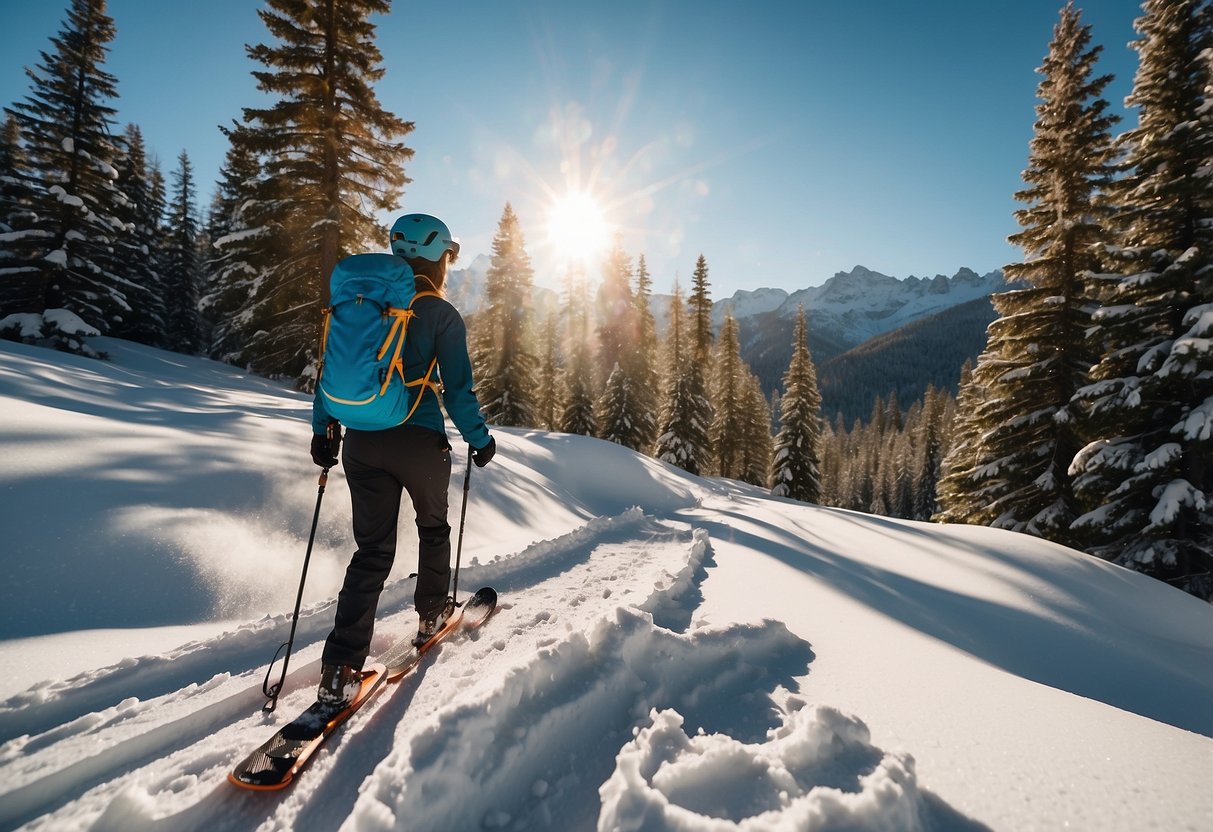 A snowy mountain landscape with a person snowshoeing, carrying a backpack with a solar charger attached to it. The sun is shining brightly in the sky, and the person is surrounded by pine trees