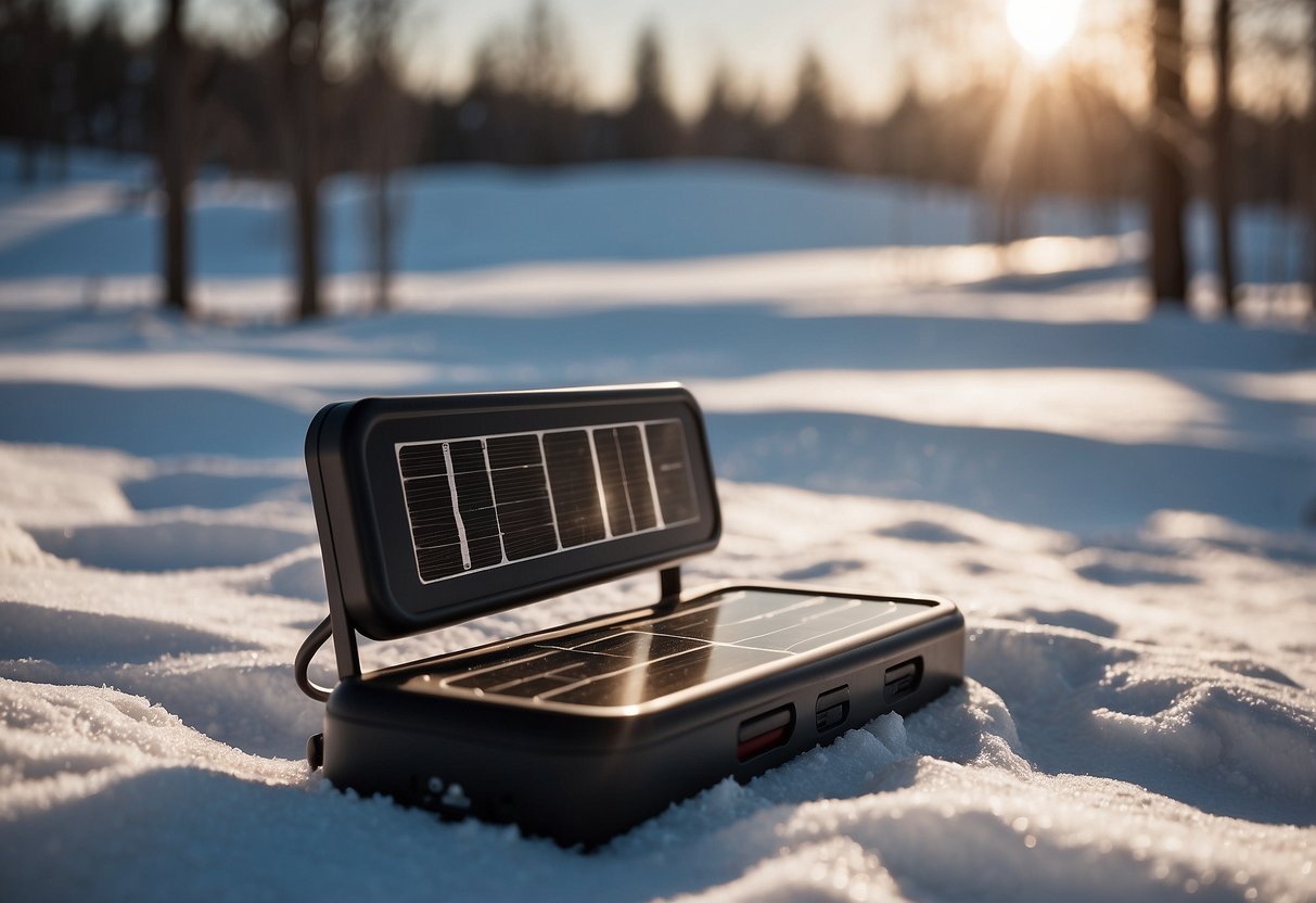 A solar charger sits atop snowy ground, angled towards the sun. Snowshoes lean against a tree nearby, with a snowy landscape in the background