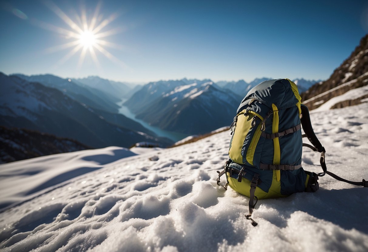 Snow-covered mountains with solar chargers attached to backpacks. Sunlight powering devices. Clean energy reducing environmental impact