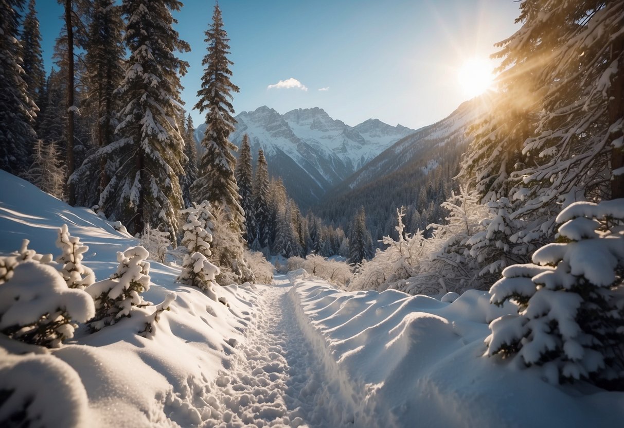 Snow-capped mountains surround a winding trail through a dense forest. The sun glistens on the freshly fallen snow, creating a serene and picturesque winter landscape