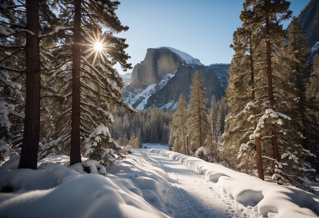 Snow-covered trees line the trail, leading to a frozen lake with towering mountains in the background. Snowshoers traverse the serene landscape of Yosemite National Park