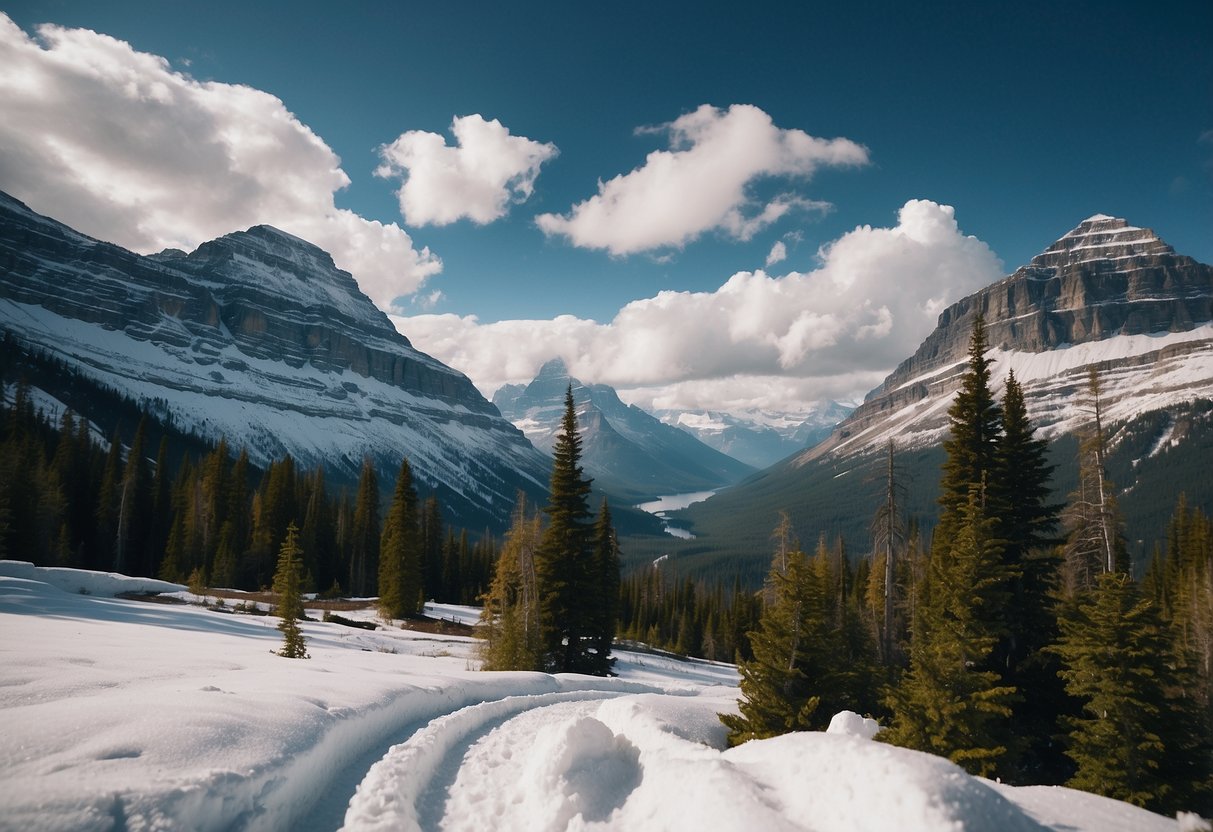 Snow-capped mountains, winding trails, and pristine snow-covered landscapes in Glacier National Park, Montana