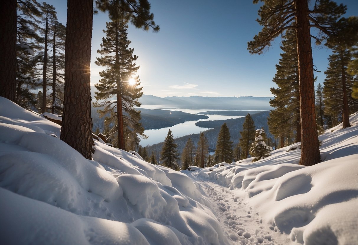 A snowy trail winds through pine trees and rocky cliffs, with views of Lake Tahoe in the distance. Snowshoers trek through the serene winter landscape of the Tahoe Rim Trail