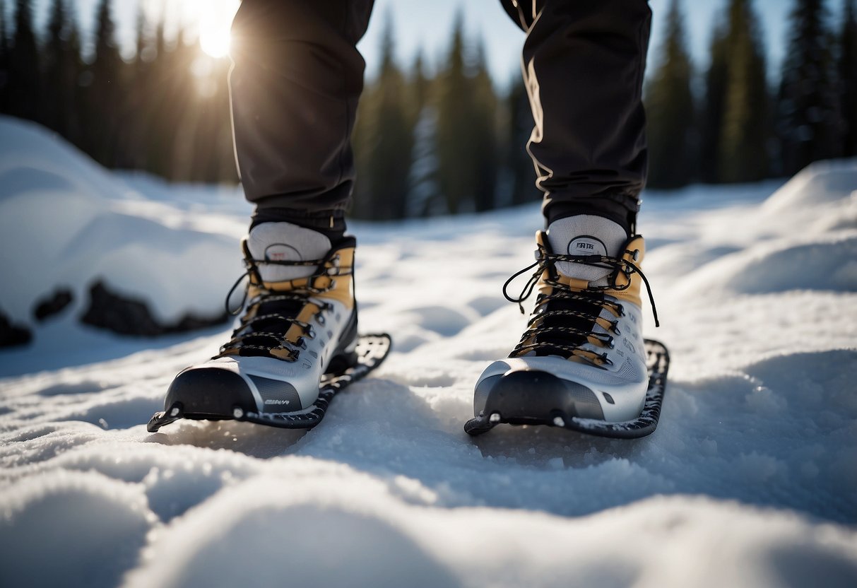 Snowshoes strapped on, hikers trek through snowy landscapes. Trails wind through forests, over rolling hills, and past frozen lakes. Mountain peaks loom in the distance