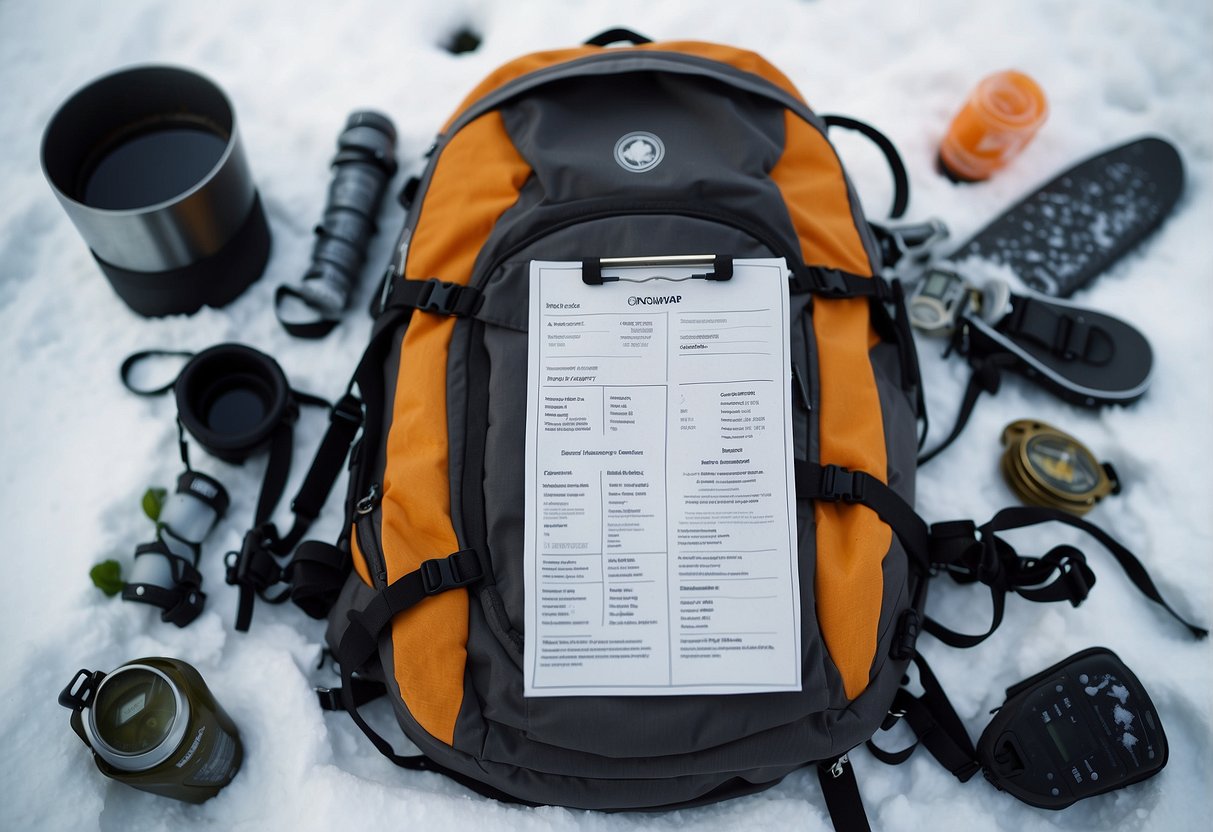 Snowshoes, poles, and backpack laid out on a snowy trail map. Thermos, snacks, and first aid kit packed. Weather forecast and emergency contacts written down