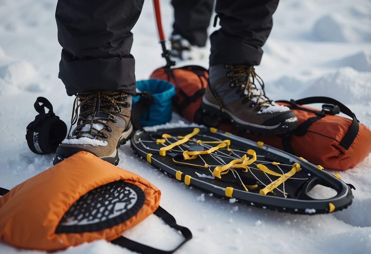 Snowshoes, trekking poles, insulated boots, layers of clothing, backpack, map, and compass laid out on a snowy trail. Preparing for a long-distance snowshoeing trip