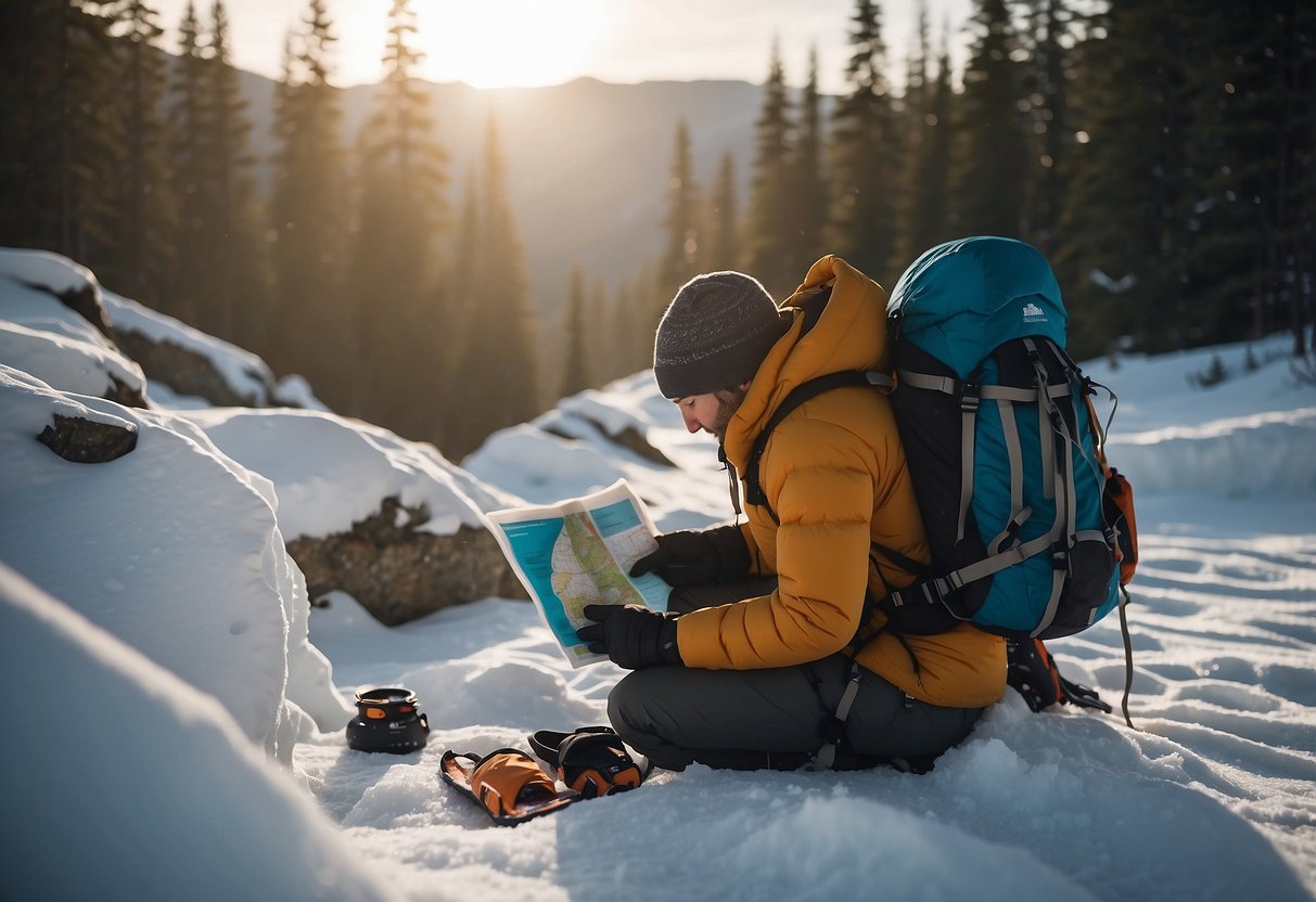 A person is packing a backpack with snowshoes, water, and snacks. They check the weather forecast and map out their route. They also pack extra layers and a first aid kit