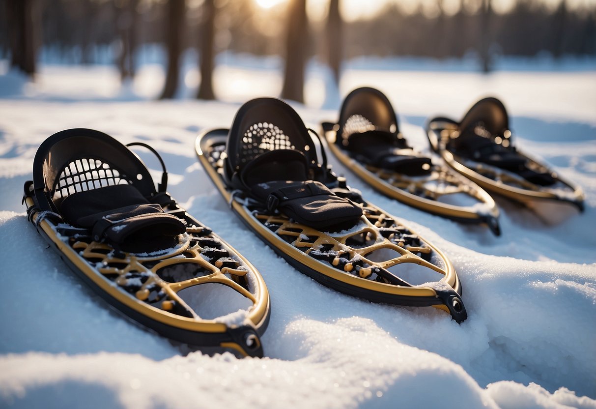 Snowshoes lay against a snowy backdrop with 5 different lightweight hats displayed nearby