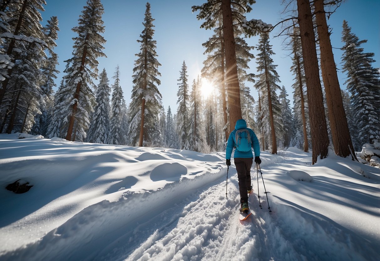 A snowy forest trail with a lone snowshoer wearing the Outdoor Research Helium Wind Cap, surrounded by tall trees and a clear blue sky