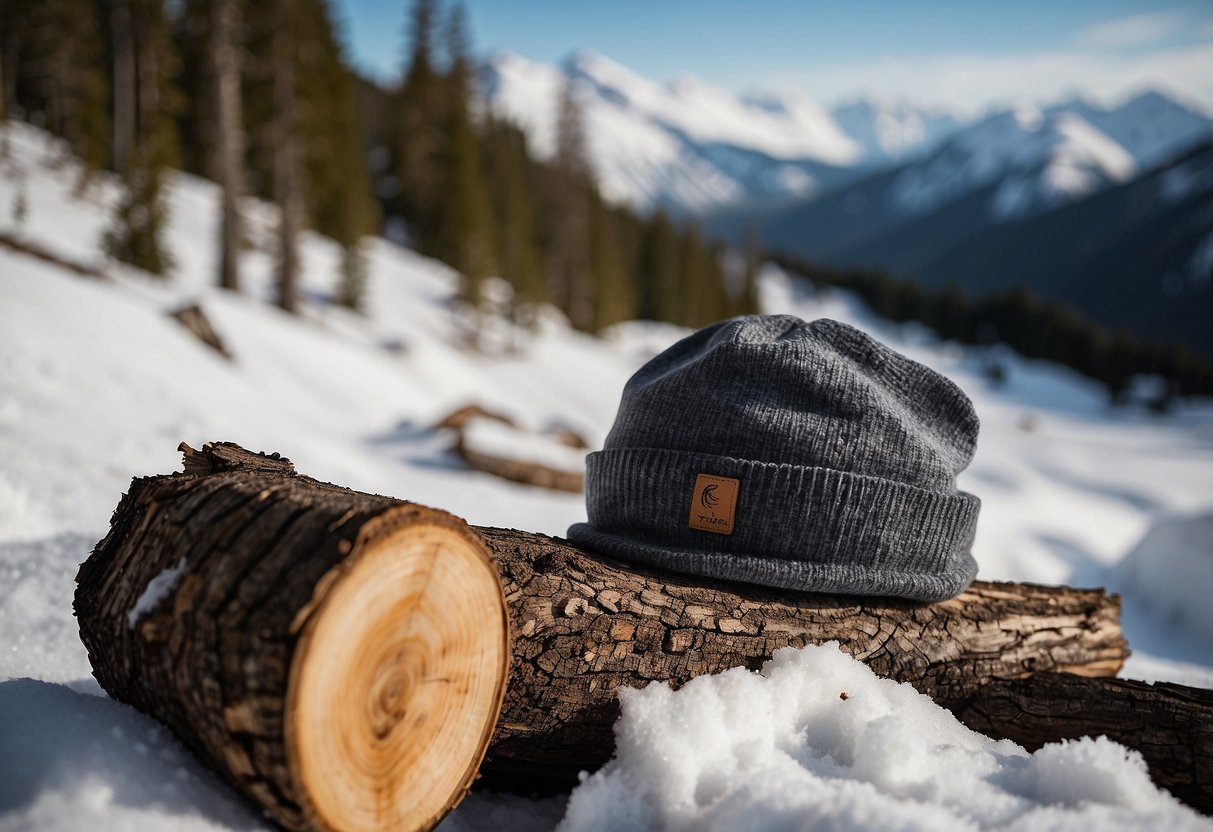 A snow-covered mountain trail with a lone Arc'teryx Rho LTW Beanie resting on a log, surrounded by lightweight snowshoeing hats