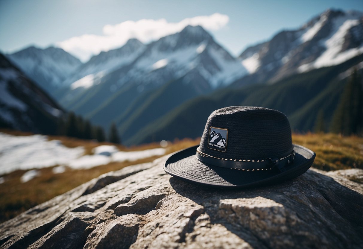 A snow-covered mountain landscape with a lone Black Diamond Cirque Insulated Hat placed on a rock, surrounded by lightweight snowshoes