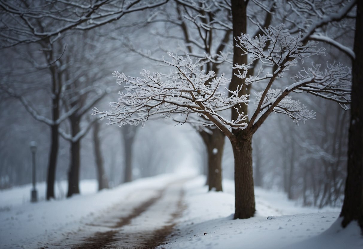 A snowy trail with a lone beanie resting on a tree branch, surrounded by light snowflakes