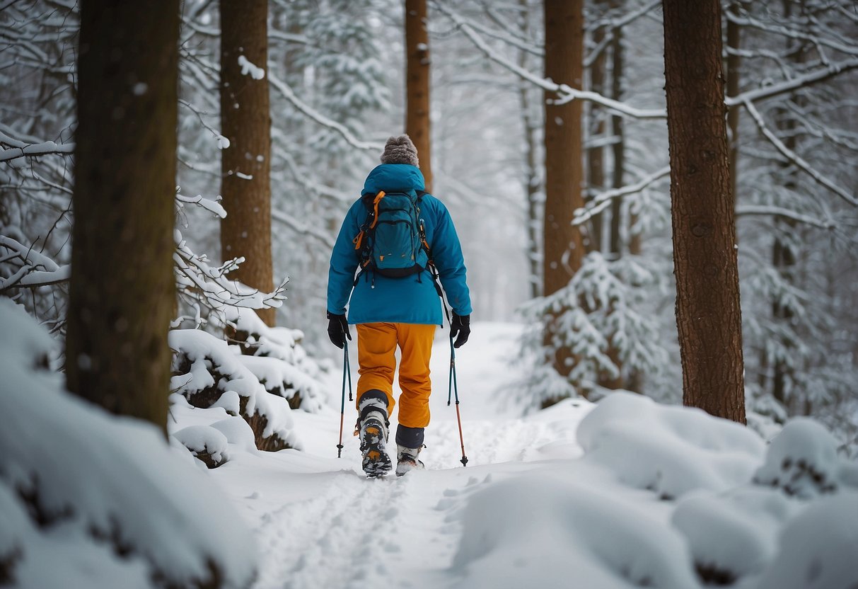 Snowshoer wearing lightweight gear, including a hat, trekking through snowy forest with ease