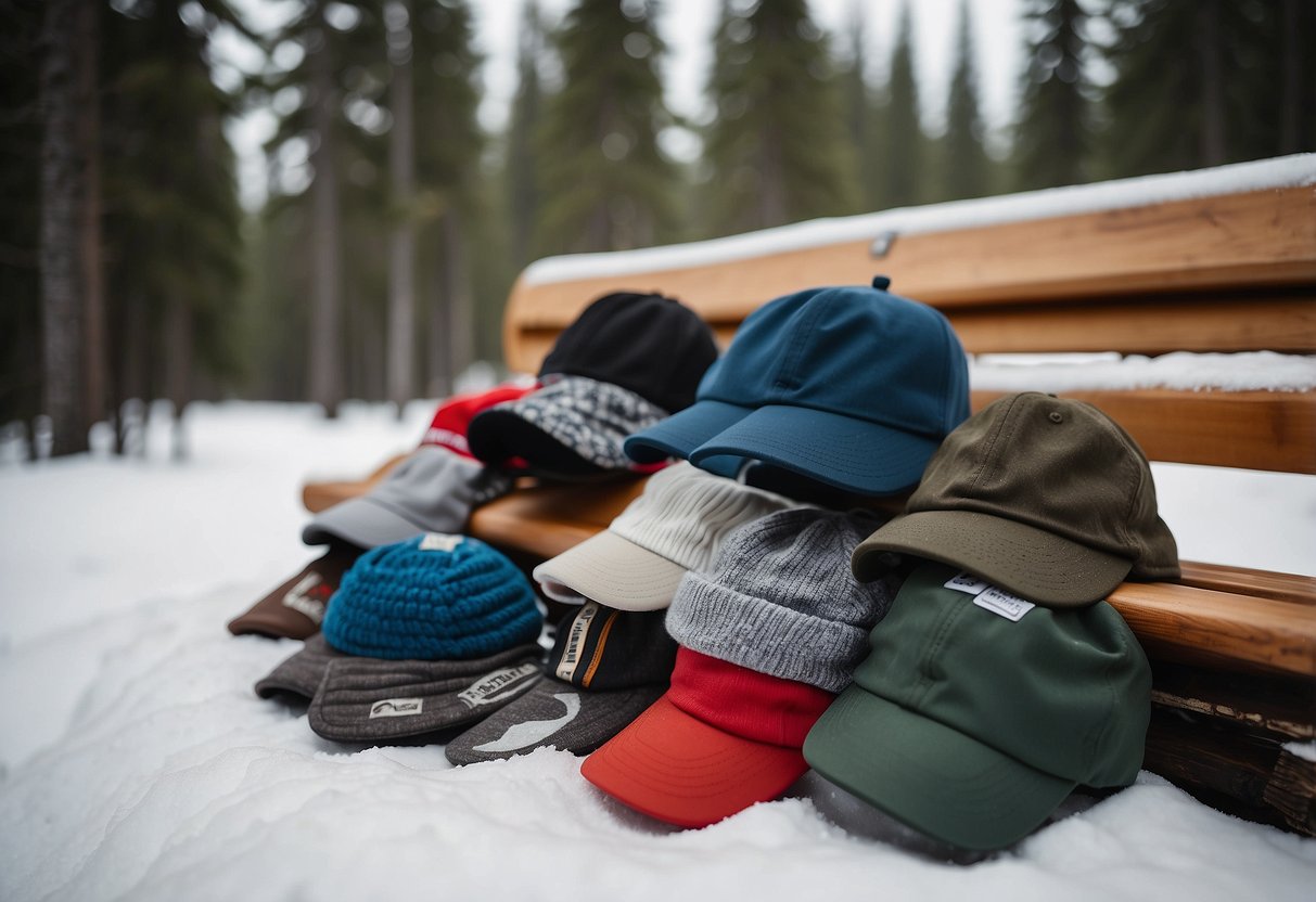 A snowy forest clearing with five different lightweight snowshoeing hats arranged on a wooden bench, surrounded by pine trees and snow-covered ground