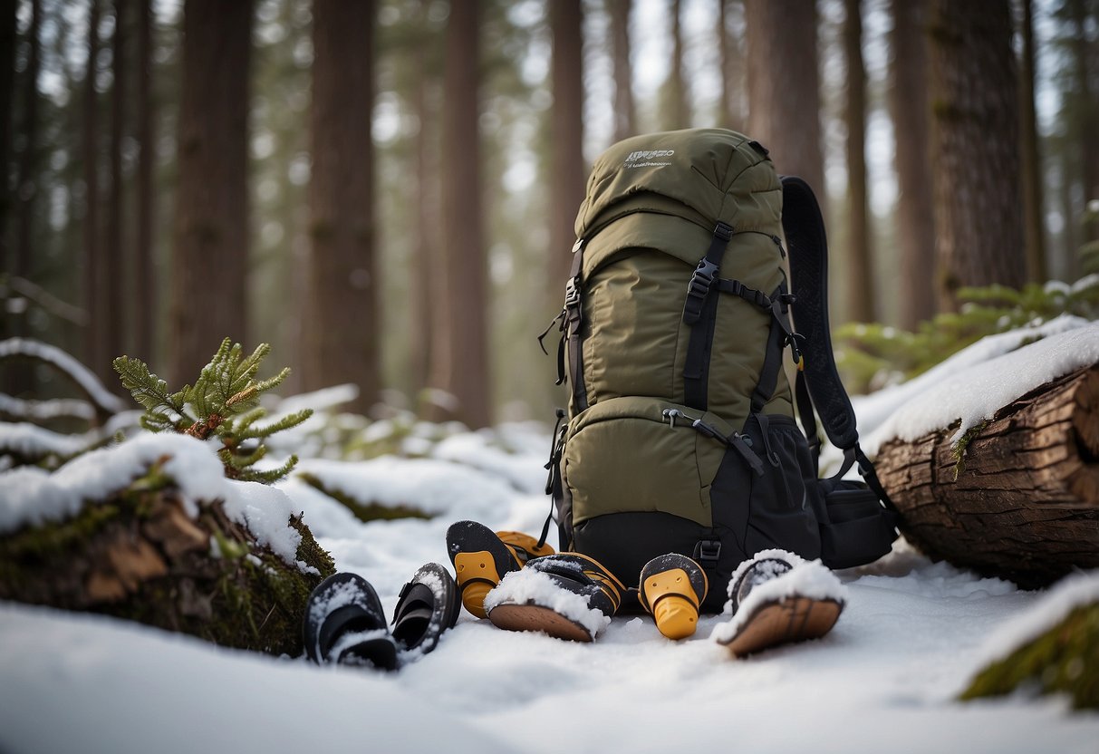 A snowy forest trail with a person's backpack and snowshoes on the ground. A variety of lightweight hats are displayed on a nearby tree stump