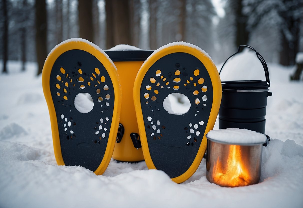 Snowshoes on snowy ground, with a small fire heating a pot of snow. A water filter and chemical purifier sit nearby. Snow-capped trees in the background