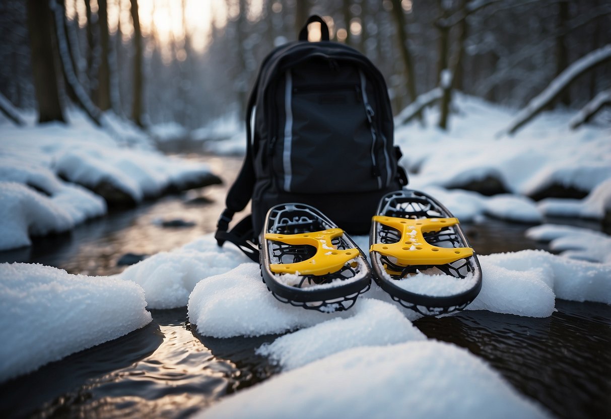 Snowshoes on snowy ground, a backpack open with water purification tablets, a stream flowing nearby, snow-covered trees in the background