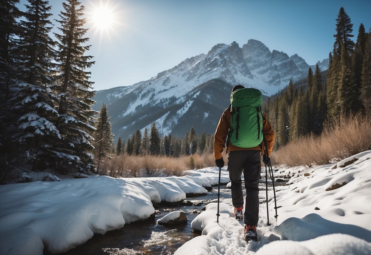 A snowy landscape with a person snowshoeing, carrying a backpack with portable water filters attached. Snow-covered trees and a clear mountain stream in the background