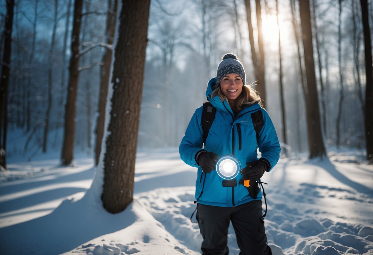 Snowshoer uses UV light water purifier in snowy forest clearing