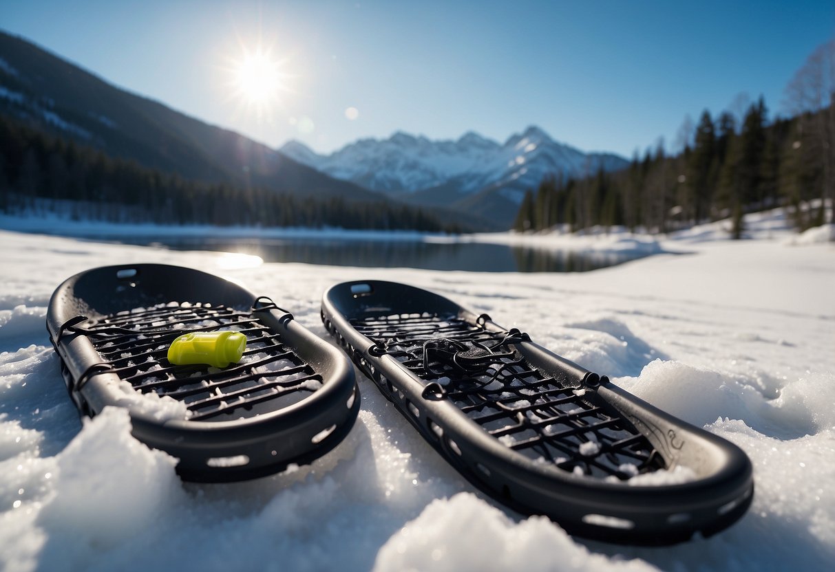 Snowshoes in snow, with a water bottle and iodine tablets or drops. A stream or lake in the background. Snow-covered trees and mountains in the distance