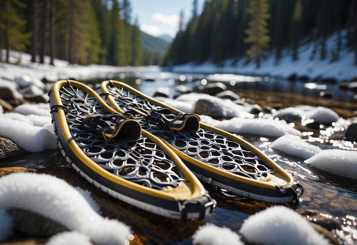 Snowshoes on snowy ground, water purification drops next to a pristine stream, surrounded by pine trees and a clear blue sky