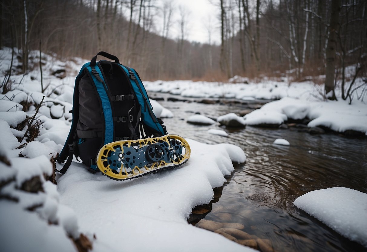 Snowshoes on snowy ground near a stream. A backpack with water purification tools. Snow-covered trees in the background