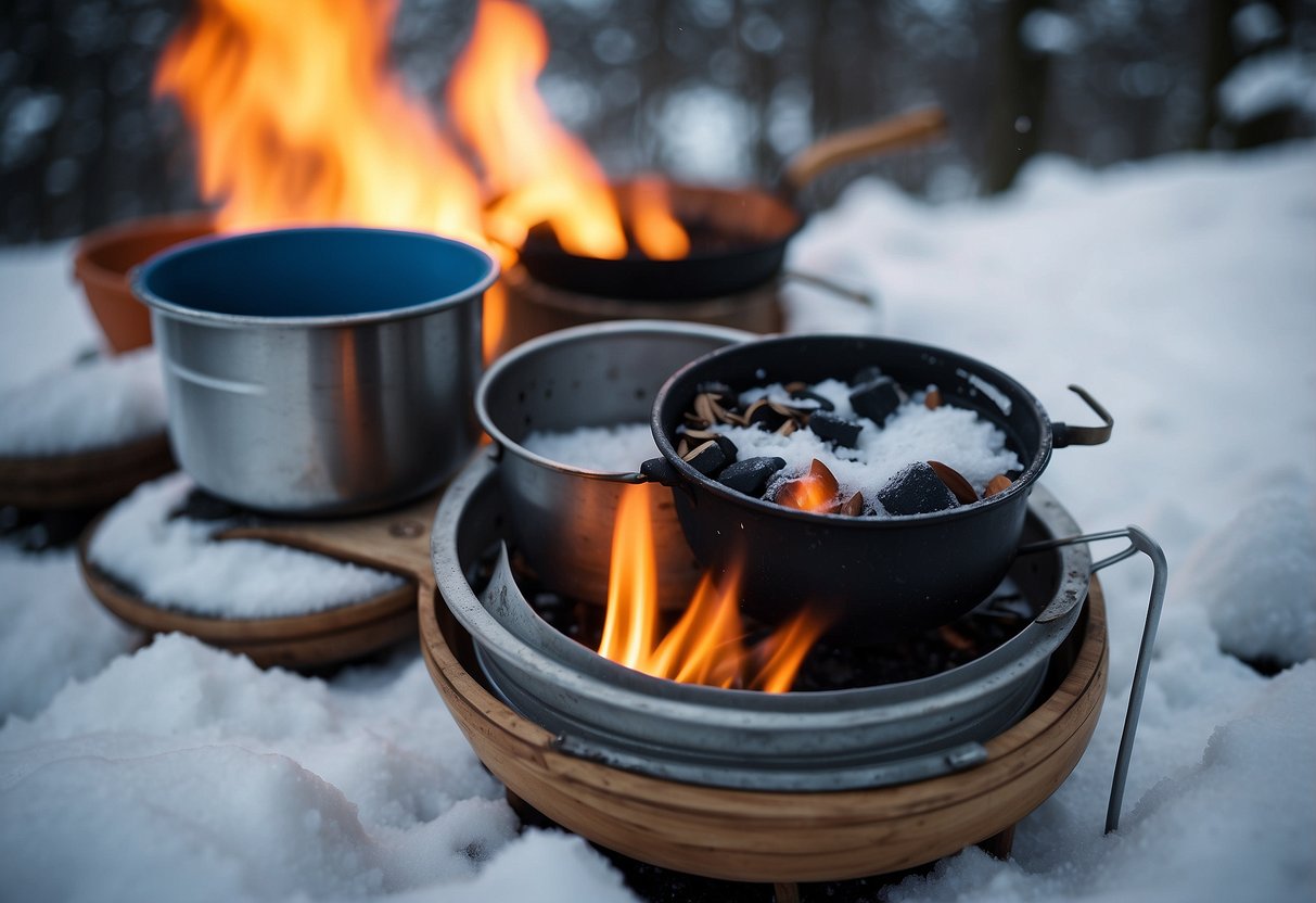 Snowshoes on snowy ground with a small fire heating a pot of snow. Nearby, a makeshift water filter made from cloth and charcoal drips clean water into a container