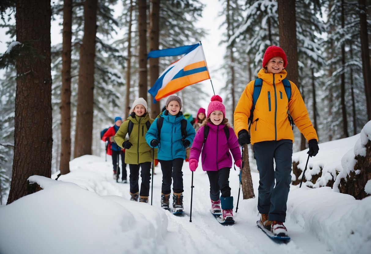 A group of kids and adults trek through the snow-covered forest, following a trail marked with bright flags. The children wear colorful snowshoes and carry small backpacks, while the adults guide them along the path, all with smiles on their faces