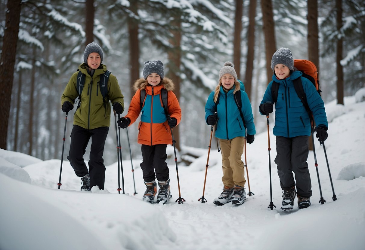 A family of four snowshoes through a snowy forest, bundled in layers and smiling. The kids carry small backpacks and trekking poles, while the parents lead the way along a winding trail