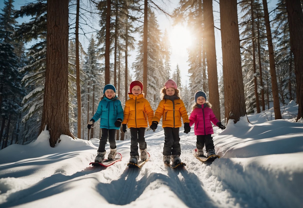 A group of children snowshoeing on a gentle, well-marked trail. They are surrounded by snowy trees and the sun is shining overhead