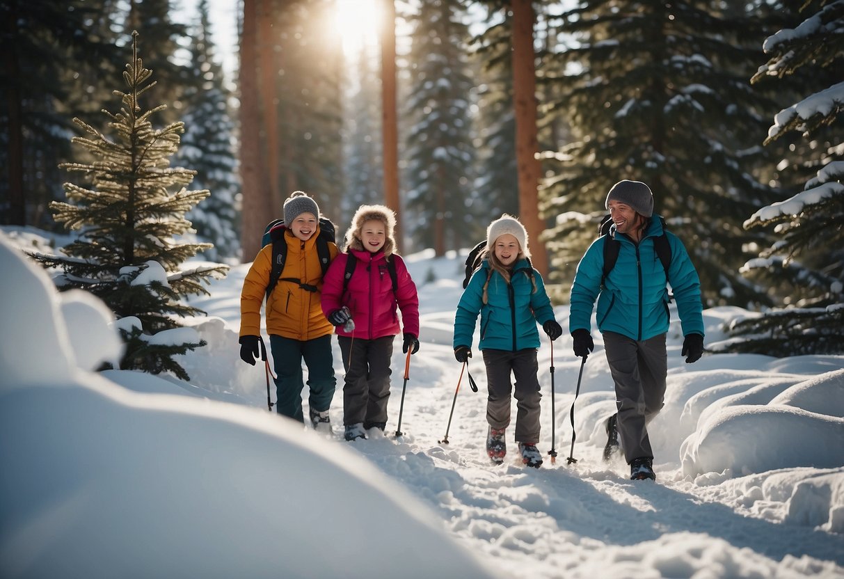 A family of four snowshoeing through a snowy forest, with a backpack filled with snacks. The kids are laughing and playing in the snow as the parents guide them along the trail