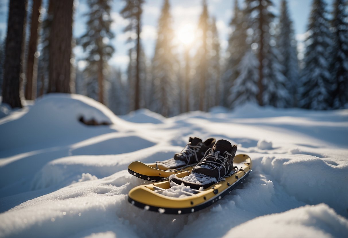 Snowshoes, poles, and a backpack with extra socks scattered in the snow. A child's snow boot prints leading into the distance. Snow-covered trees in the background