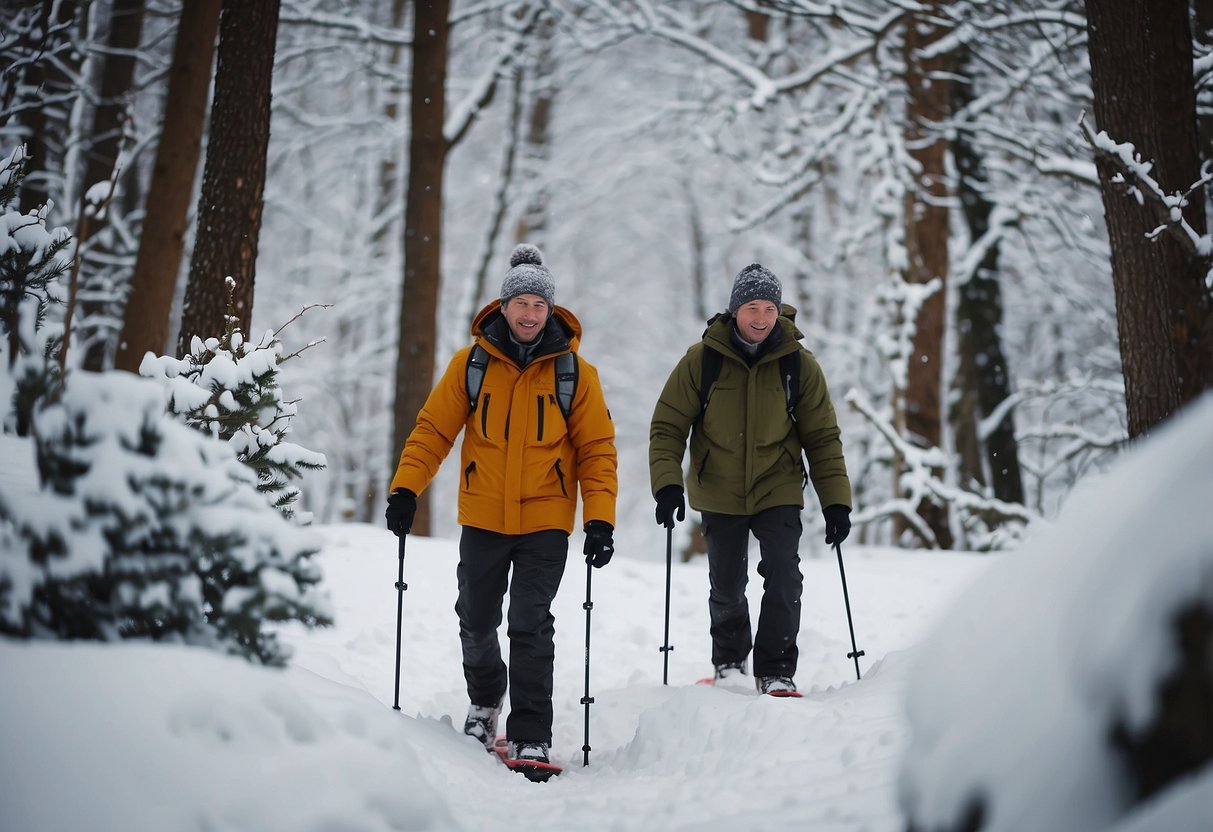 Snowshoers trek through snowy forest, taking frequent breaks. Kids play in the snow, while adults supervise. Snow-capped trees surround the group