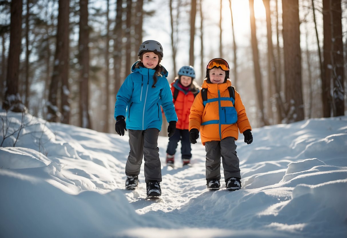 Children wearing snowshoes on a snowy trail, accompanied by an adult. Safety gear visible, such as helmets and reflective clothing. Clear trail markers and a visible emergency contact number