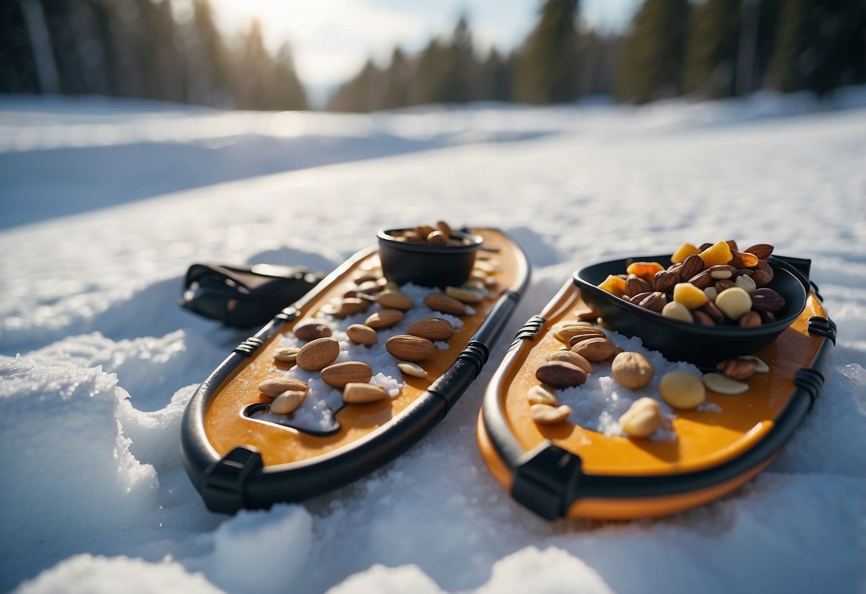 Snowshoes on snowy trail with backpack and lightweight food items: nuts, dried fruits, energy bars, and trail mix