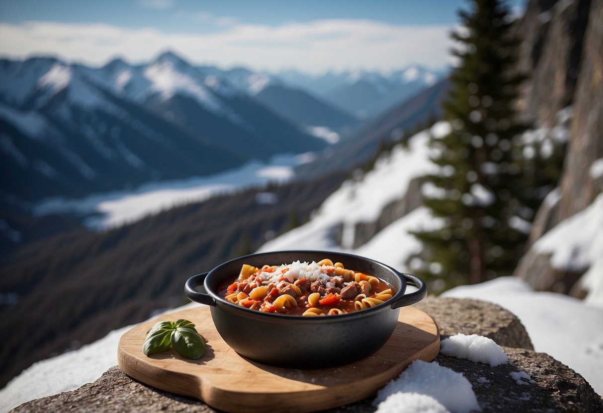 A steaming bowl of beef pasta marinara sits on a snowy mountain ledge, surrounded by snowshoes and a backpack