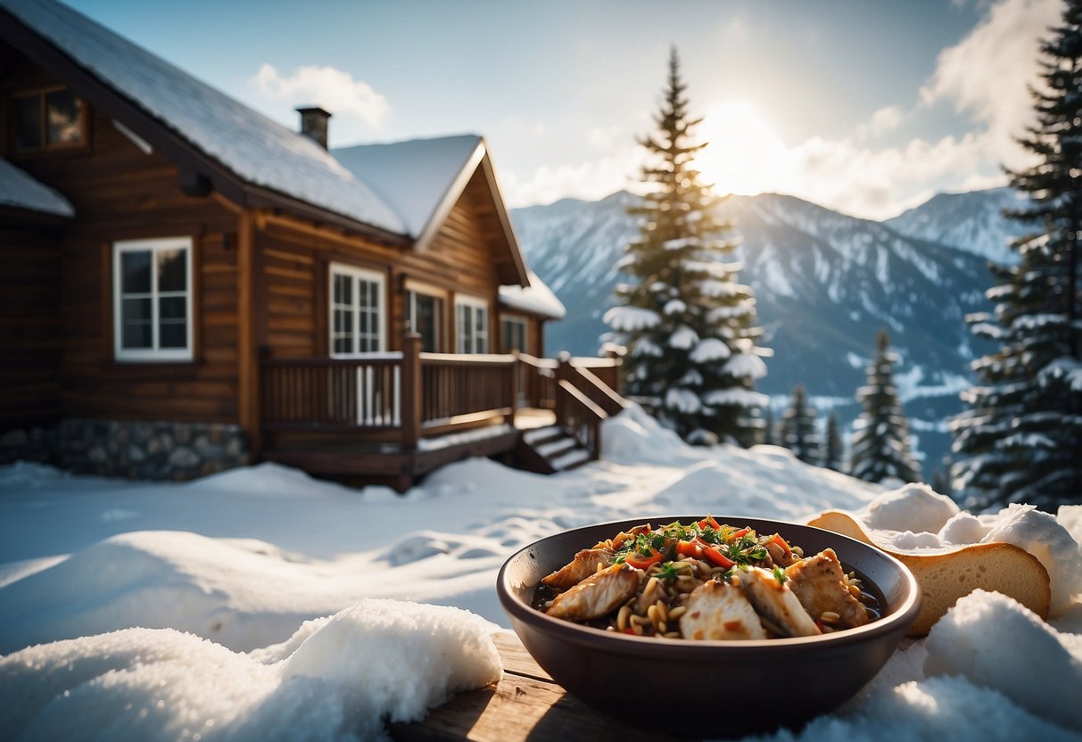 A snowy mountain landscape with a cozy cabin, surrounded by snowshoes and a steaming bowl of Mountain House Chicken Teriyaki