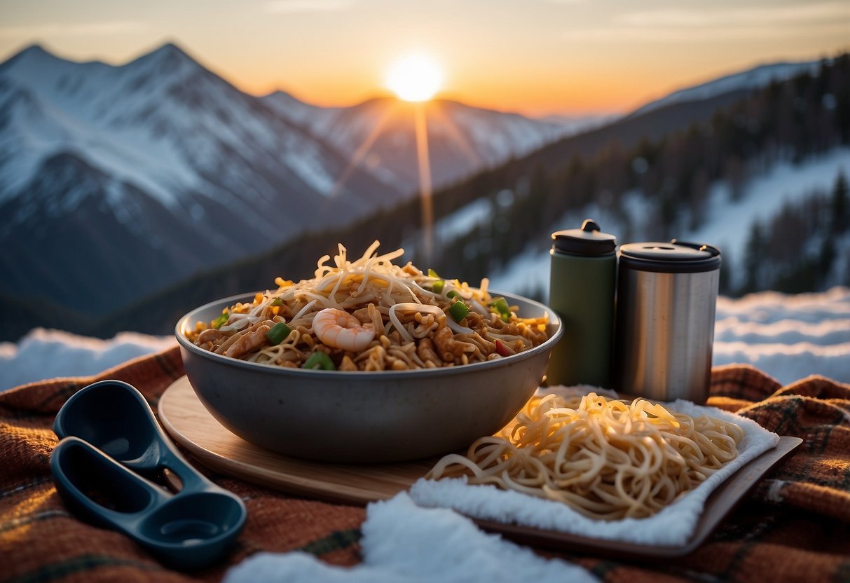 A steaming bowl of Pad Thai sits on a snowy picnic blanket, surrounded by snowshoeing gear and a thermos. The sun sets behind a mountain peak in the background