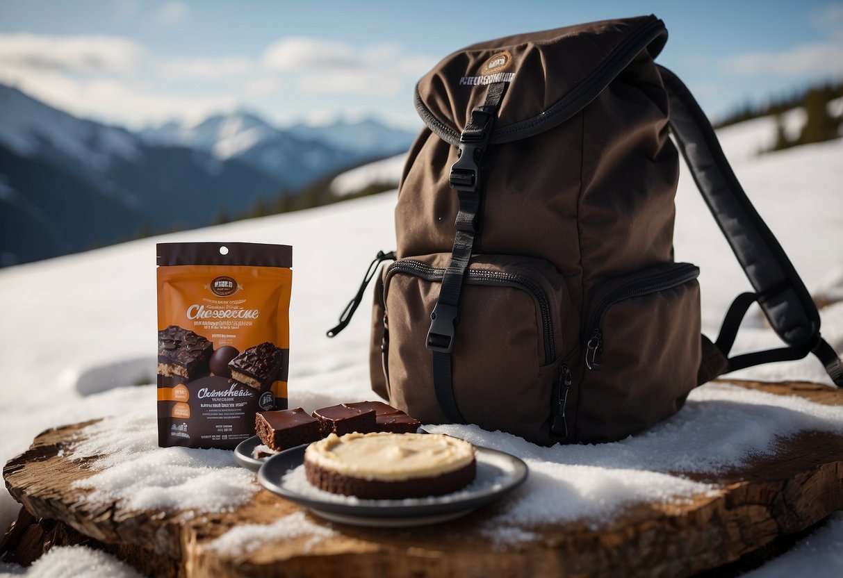 A snowshoeing backpack opens to reveal a packet of Dark Chocolate Cheesecake, along with other lightweight food options, against a snowy backdrop