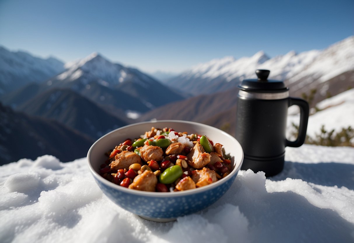 A steaming bowl of Kung Pao Chicken sits on a snowy ledge, surrounded by snowshoes and a thermos. The mountainous backdrop and clear blue sky complete the picturesque scene