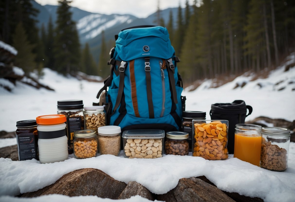 A backpack with lightweight food items neatly organized, including dehydrated meals, energy bars, nuts, and dried fruits. Snowshoes and a snowy trail in the background