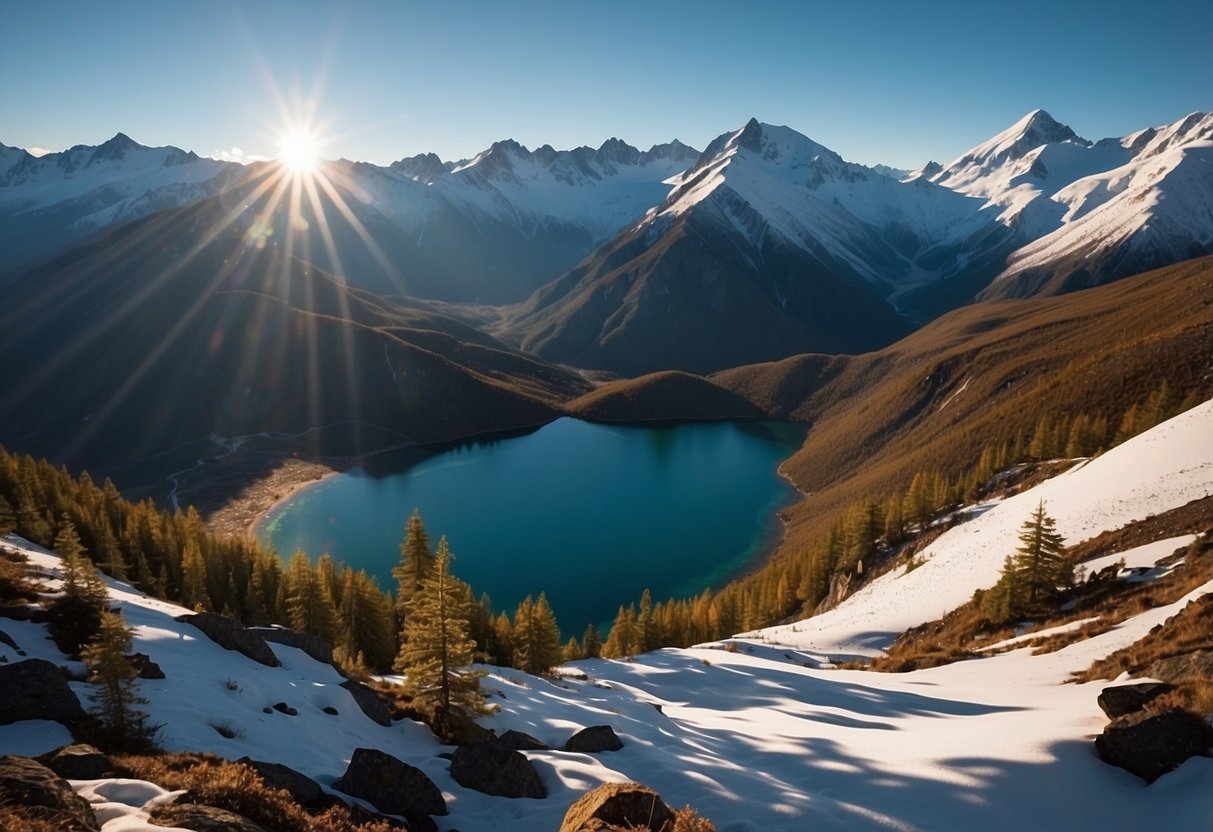 Snow-capped Andes mountains with winding trails, pine forests, and pristine lakes. Glowing sunset casting long shadows on the snow-covered terrain